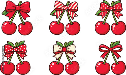 Set of six cute red cherries with various decorative bows isolated on a white background
