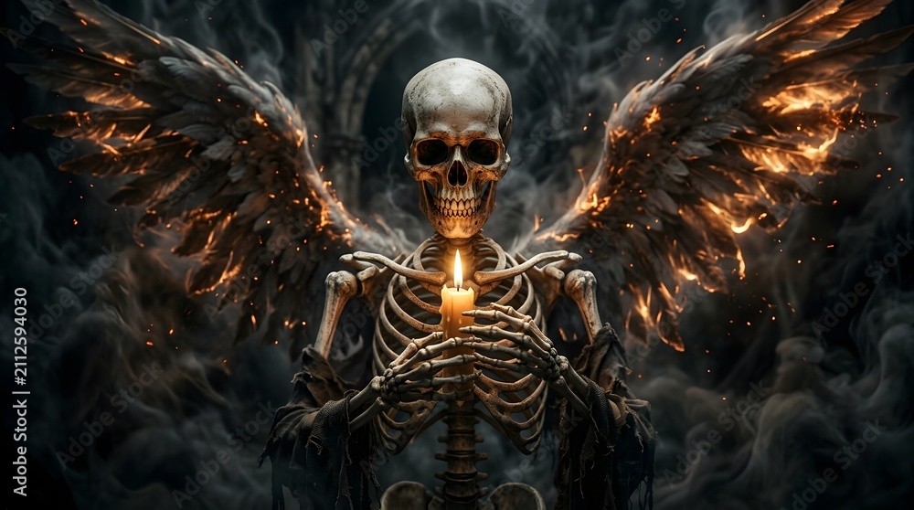 Obraz premium A skeletal angel with flaming wings holding a glowing candle in the darkness