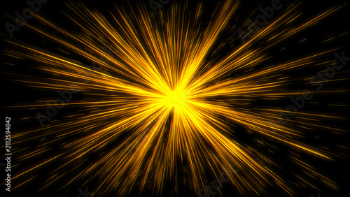 Фотография Orange hyperspace starburst tunnel background with fast light streaks