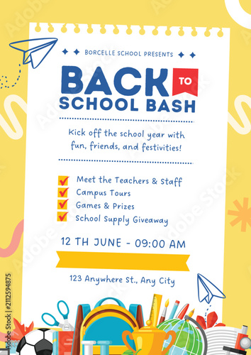 Back to School Banner Template with Colorful Education Elements for School Promotion and Advertising