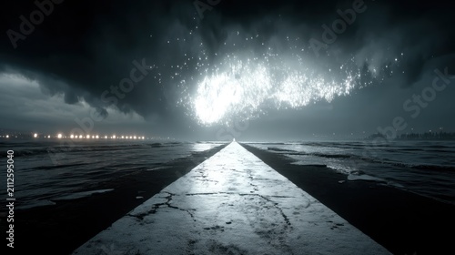Dark Stormy Sky Over Cracked Road Leading to Bright Light