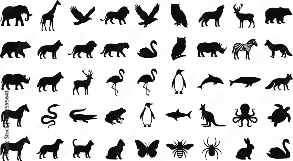Obraz premium Wild Animals Silhouette Collection, Set of Various Animal Icons Isolated on White Background