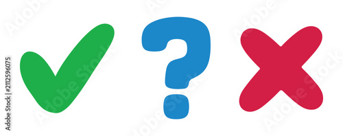 Obraz na plátně Check, Question Mark, and Cross Mark: A simple graphic illustrating choices, with a green checkmark symbolizing correctness, a blue question mark representing inquiry