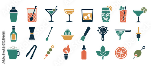 Foto Colorful flat lay cocktail bar tools and ingredients.