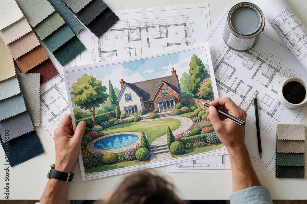 Fototapeta premium Architect works on residential landscape project at desk. Professional draws garden plan using blueprint technical document with color fabric swatches. Designer creates exterior house layout sketch