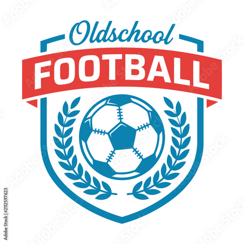 Billede på lærred Oldschool football logo emblem with a classic soccer ball and laurel leaves for