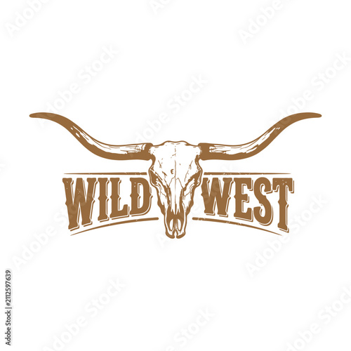 Wild west emblem with a cow skull and long horns for western ranch and country style design Vector