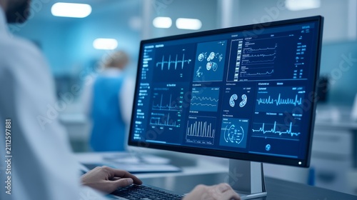 Endocrinology Clinic With Digital Patient Dashboard Modern Contemporary Architectural View, modern medical clinic interior, professional healthcare facility, patient care environment