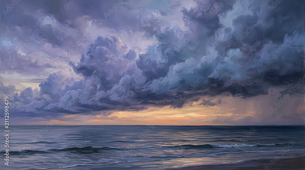 Fototapeta premium Dramatic ocean sunset with storm clouds over waves. Moody seascape horizon featuring golden light and dark atmospheric sky.