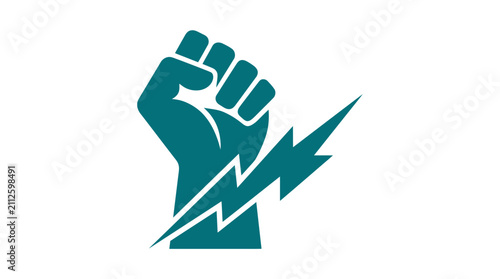 Foto Fist Power Symbol with Lightning Bolt, Teal Color, Icon for Strength, Energy, Re