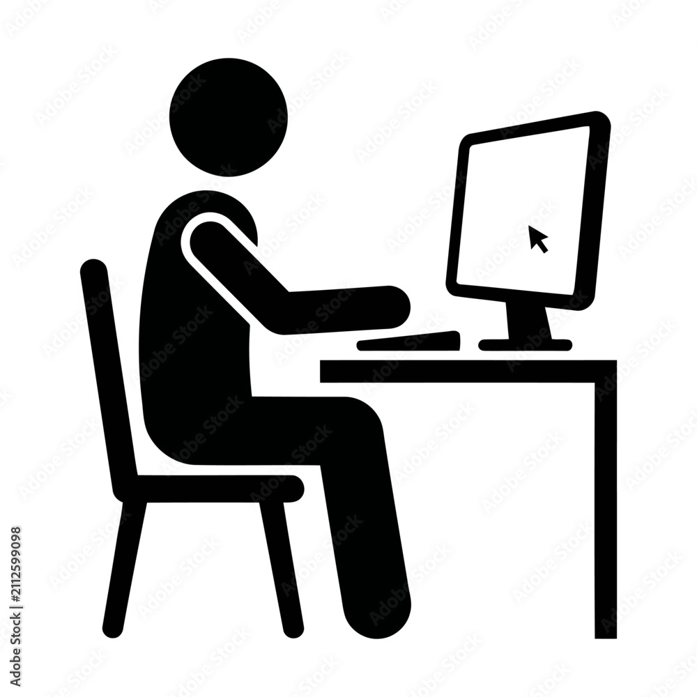 Fototapeta premium Black silhouette icon of a person sitting at a desk and using a computer monitor and keyboard Vector
