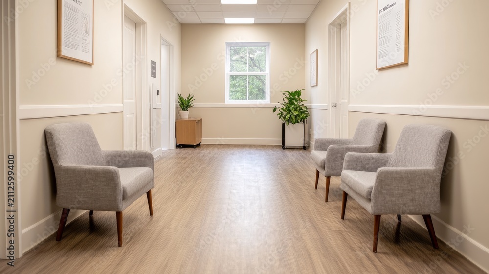 Fototapeta premium Mental Wellness Clinic Calming Interior Supportive Healthcare Alternate Interior Perspective, modern medical clinic interior, professional healthcare facility, patient care environment