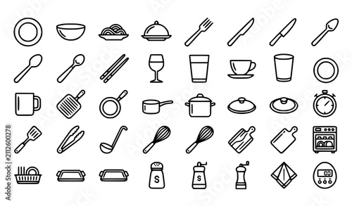 Dining and Cooking Outline Icon Collection with Plate Bowl Fork Knife Pan and Kitchen Tools Vector