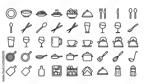 Tableware and Kitchen Utensil Thin Line Icon Set with Plate Bowl Cutlery Cookware and Editable Stroke Vector