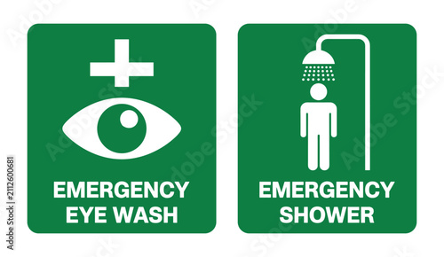 Fotografie Emergency Station Signs: Two green square signs with white icons depicting an eye wash station and an emergency shower, clearly indicating safety facilities