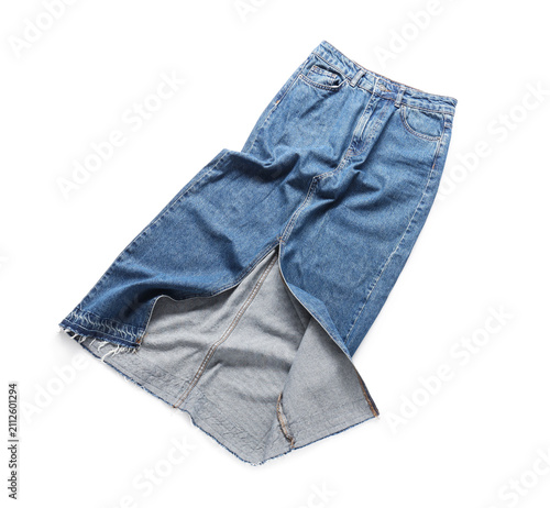 Blue denim midi skirt with a front slit and frayed hem  casual fashion apparel isolated on a white background