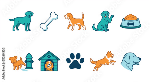 фотографія Dog themed flat icons in teal and orange hues against a white background depict