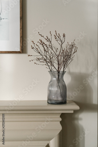 Glass vase with delicate branches placed on a fireplace mantel in soft natural light, creating a minimalist botanical still life.