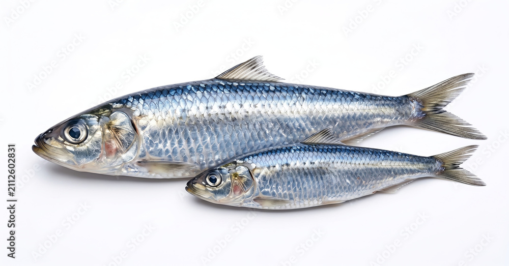 Fototapeta premium Two Fresh Raw Silver Herring Fish Isolated On Clean White Background