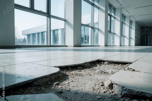 Cracked floor inside modern office building shows severe structural damage after earthquake. Broken ceramic tiles reveal concrete foundation, debris from seismic activity. Interior ruin requires