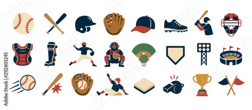 Photography Colorful flat design baseball equipment and icons set.