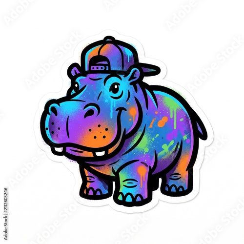 Colorful Hippo Urban Sticker Mural Character