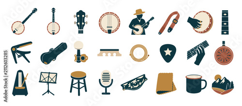 Картината върху платно Flat design icons of musical instruments and accessories.