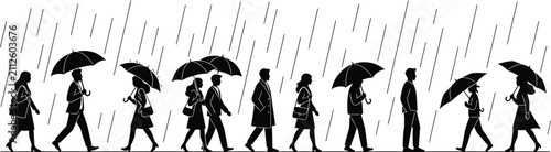Фотография People with umbrellas in rain black silhouette against white background pedestri