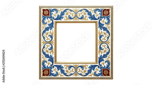 Ornate square picture frame with blue and gold baroque acanthus leaf patterns and red floral corner accents isolated on transparent background