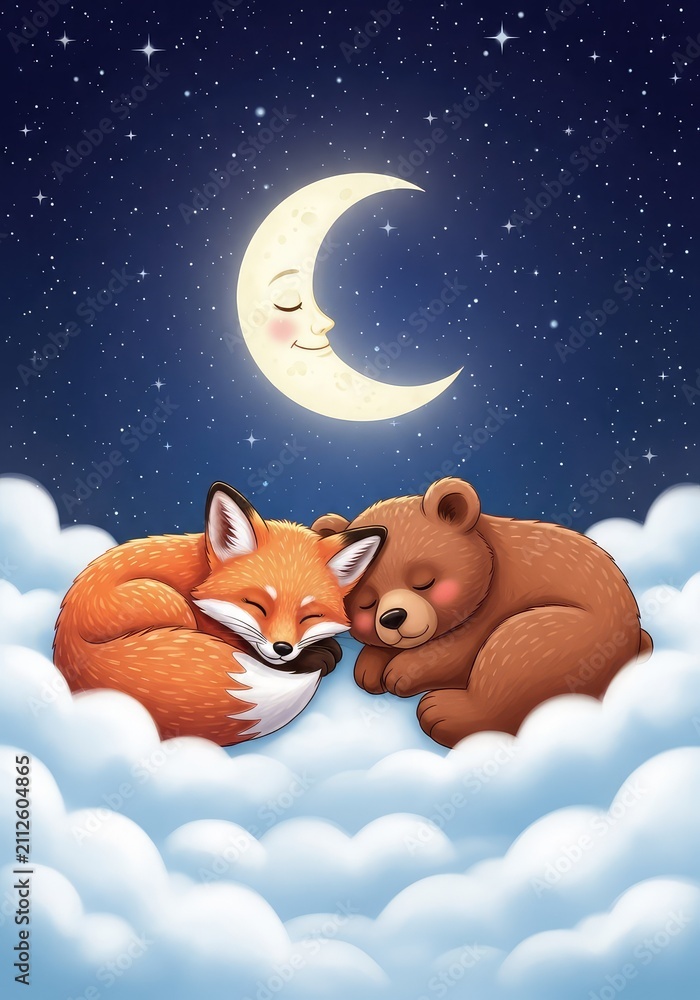 Fototapeta premium Cute fox and bear sleeping peacefully on soft white clouds under a smiling moon and starry night sky with copy space for text background, poster, fantasy, starry