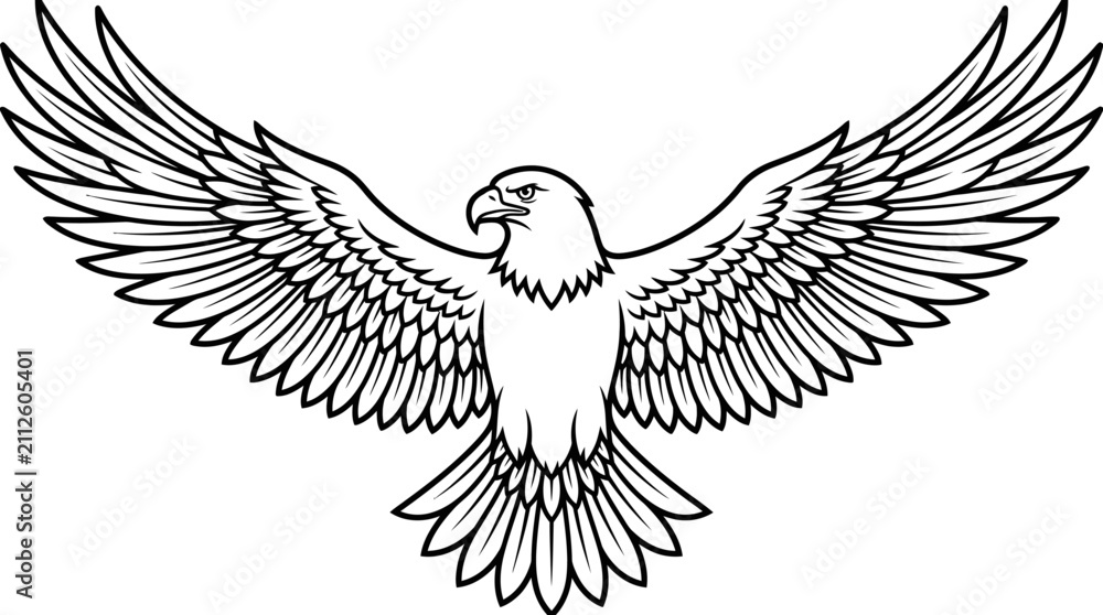 Obraz premium Minimalist Black and White of a Powerful Eagle in Flight with Spread Wings with high quality professional line art symbols for modern creative design and digital branding projects