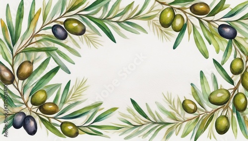 watercolor olive branch and palm leaf frame with copy space