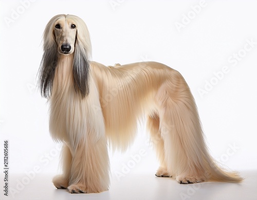 elegant cream afghan hound standing on white background