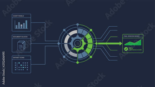 Flat Vector Illustration of AI Decision Engine Processing Data Inputs into Final Result with High Confidence Score