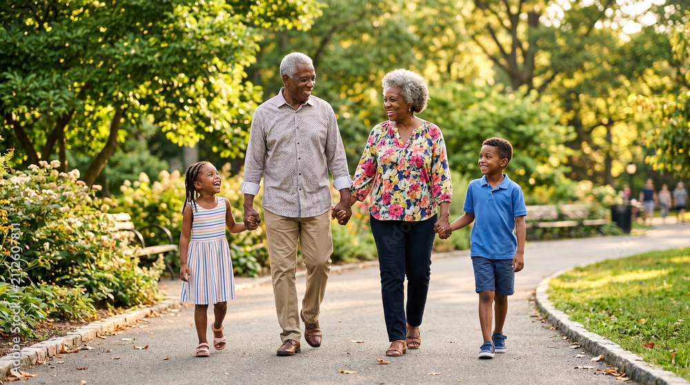 Fototapeta premium Grandparents holding hands with grandchildren while walking in the park for Parents' Day 