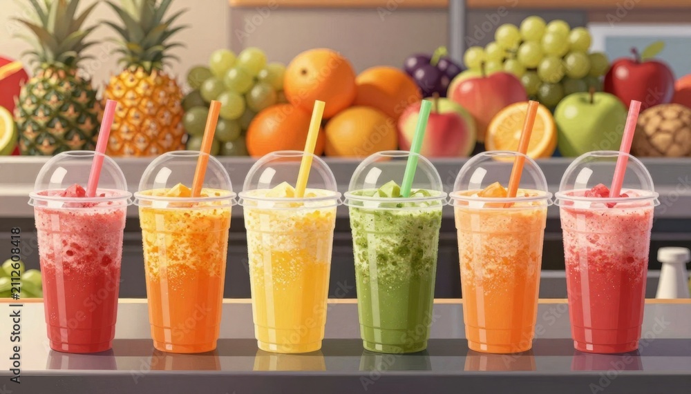 Fototapeta premium Fresh Fruit Smoothies in Clear Plastic Cups Lined Up