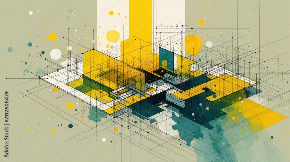 Obraz premium Abstract technical drawing showing geometric shapes, blueprints with yellow green ink splashes. Modern industrial structure outline combines lines dots grids building plan sketch style. Creative