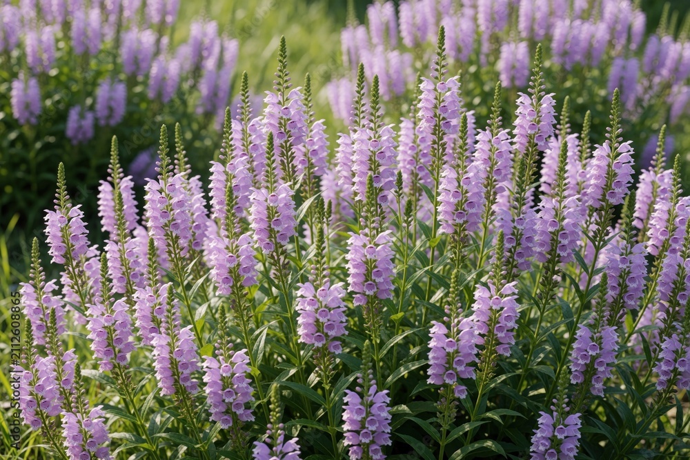 Obraz premium Field of purple obedient plant flowers bloom in summer. Physostegia virginiana blossoms have tall spikes with many small blooms. Green stems and leaves support the vibrant floral display.