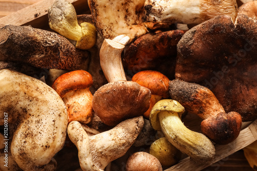 Tray with fresh mushrooms o...