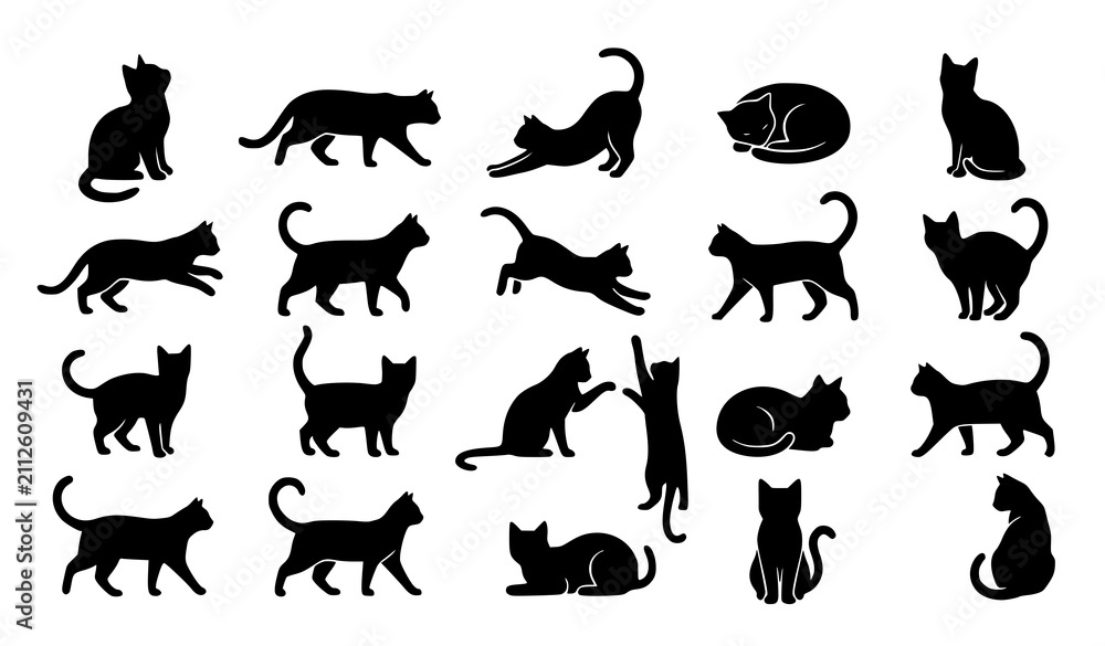 Obraz premium Black cat kitten feline animal silhouette collection with cute poses CAD flat vector illustration