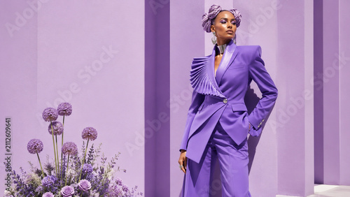 Fashion portrait of a woman in an oversized lavender suit beside a purple floral arrangement. Ideal for editorials, luxury campaigns, fashion advertising and social media.