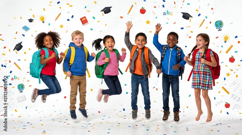 Fototapeta premium Happy children jumping with backpacks and graduation caps.