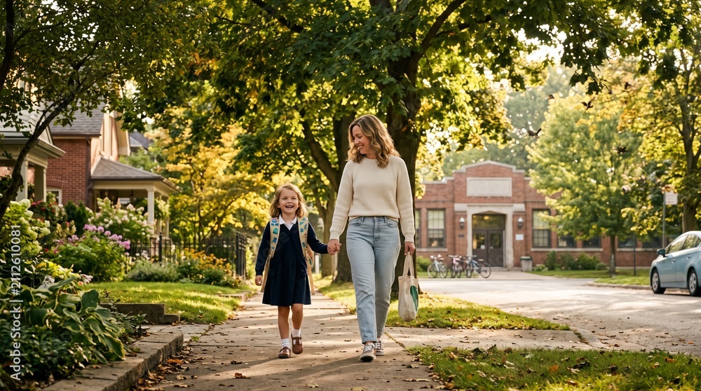Obraz premium Mother and daughter walking on a tree lined suburban street.