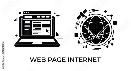 фотографія Laptop With Webpage And Globe Network Icons Black Silhouette Style