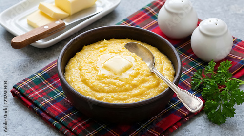 Bowl of creamy yellow corn polenta topped with a pat of melting butter served on a plaid napkin with salt and pepper shakers and fresh parsley