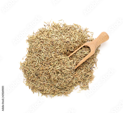 Canvastavla Dried rosemary and scoop isolated on white background, closeup