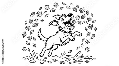 Fotografie Dog leaping to catch autumn leaves in mid-air