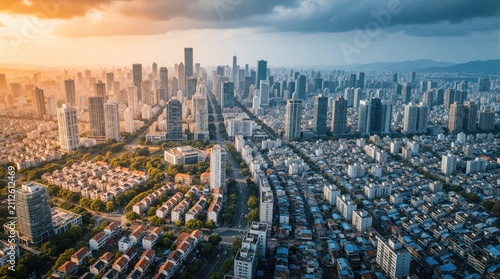 Aerial view of city showing clear economic division between zones. Modern skyscrapers dominate one side dense residential houses occupy another district. Visual contrast highlights urban inequality,