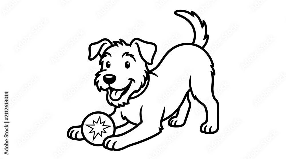Obraz premium Cute dog playing bow pose with tennis ball. Friendly cartoon puppy wagging tail in playful stance ready for fetch.