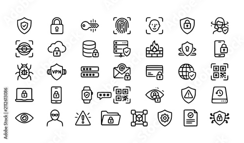 Editable Information Security Line Icon Pack with Lock Shield Privacy Encryption and Data Protection Vector